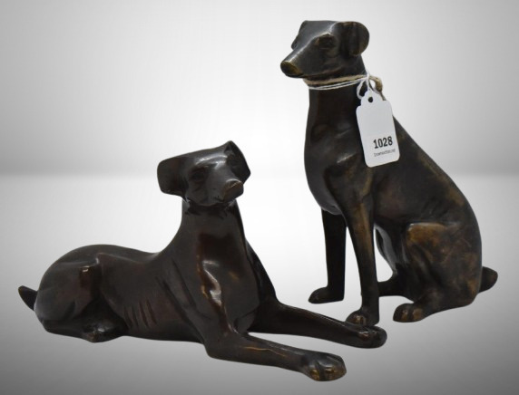 (2) Bronze Labrador dog statues: 7" sitting; 9"l x 4.5"h laying