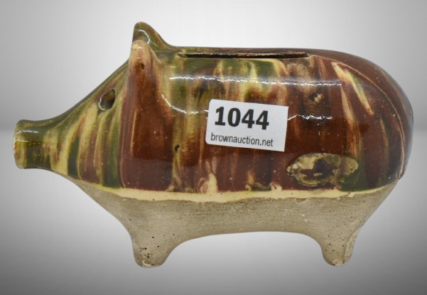 Mrkd. Czech drip glazed pig bank, 5"l x 2.5"h