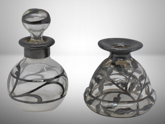 (2) Art Nouveau silver overlay perfume bottles, 2.5" and 3"