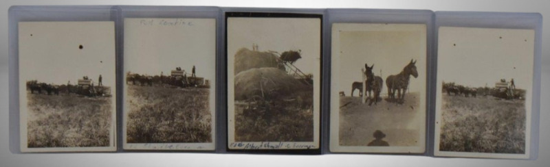 Vintage photos of pull combine threshing crew, 2.5" x 3.5"