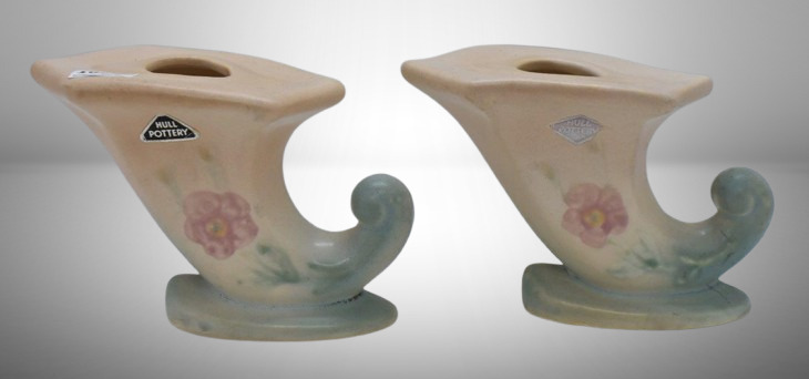 Pair of Hull Dogwood/ Wild Rose 512 4" candleholders, peach/ blue, paper label