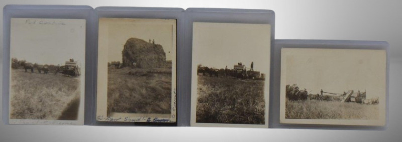 (4) Vintage photos of pull combine threshing crew, 2.5" x 3.5"