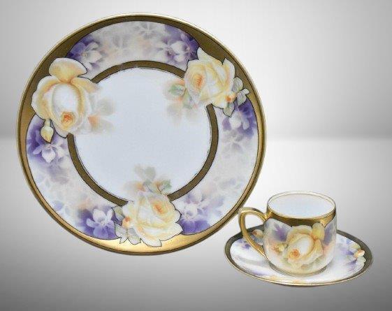 Mrkd. R.S. Germany demitasse cup/ saucer and 7" plate, matching floral design