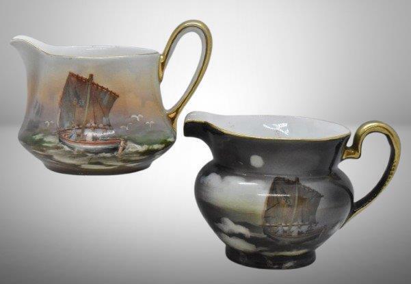 (2) Royal Bayreuth creamers, both w/ Skiff scenes, blue mark