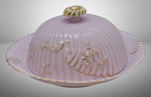 Victorian pink swirl cov. butter dish w/ gold designs