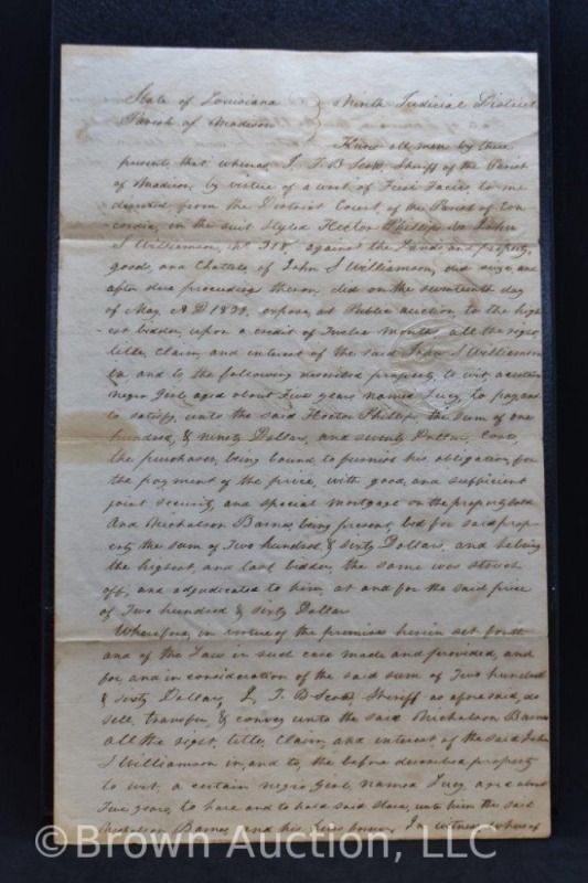 Dated May 17, 1830 Slave document Sheriff's sale of 5 year old negro girl