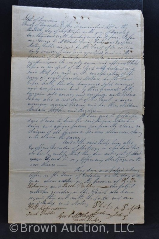 Dated September 30, 1844 Slave Bill of Sale negro woman named Chany