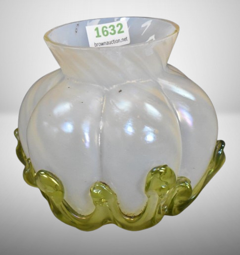 Loetz melon-shaped 3.5"h irid. white vase w/ green applied base