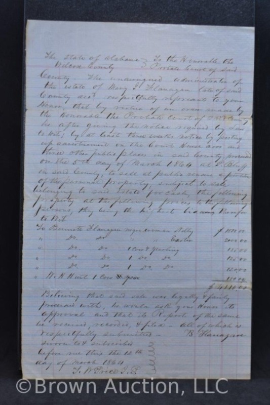 Dated March 12, 1864 Estate Sale report of personal property including negro women, cattle, etc.