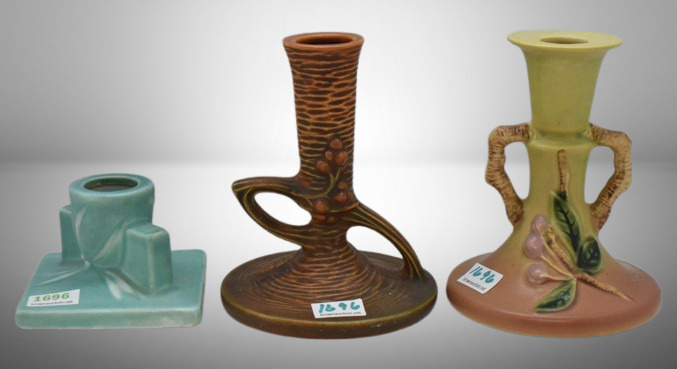 (3) Assorted Roseville pottery candlesticks