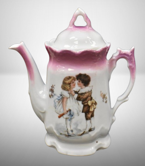 Handpainted porcelain 6.5" child's coffee pot, sweet boy and girl scene