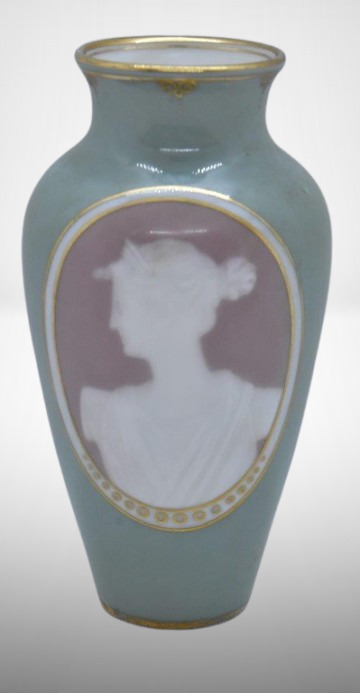 German porcelain Pate-sur-pate 4" portrait cabinet vase