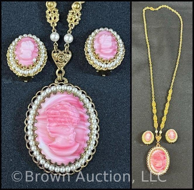 Vintage lady cameo necklace and matching earrings, pink on gold frame circled by pearl-like stones