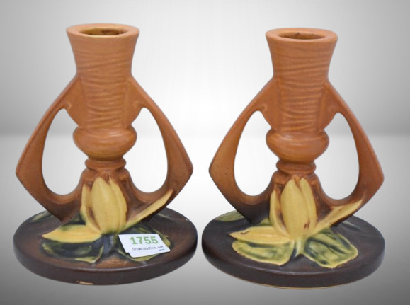 Pair of Roseville Water Lily 1155-4.5" candlesticks, brown