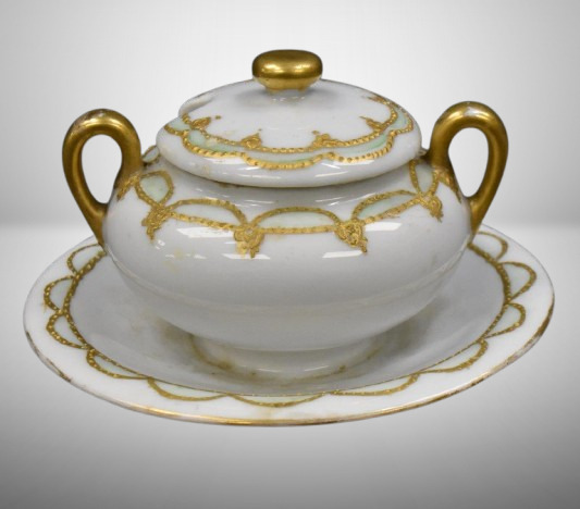 Mrkd. Royal Bayreuth mustard pot w/ attached saucer, gold trimmed