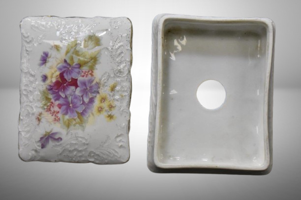 Handpainted porcelain soap dish w/ lid, lavender flowers