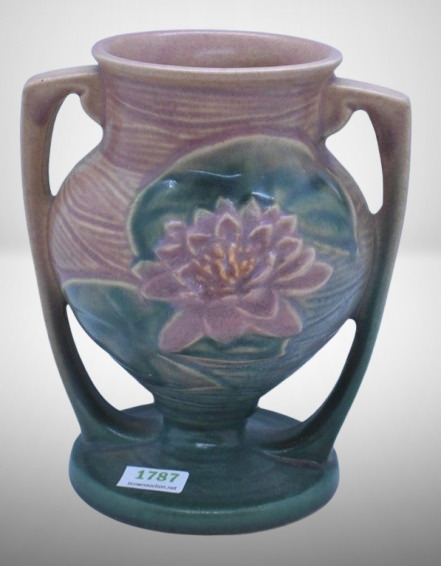 Roseville Water Lily 174-6" vase, pink/ green