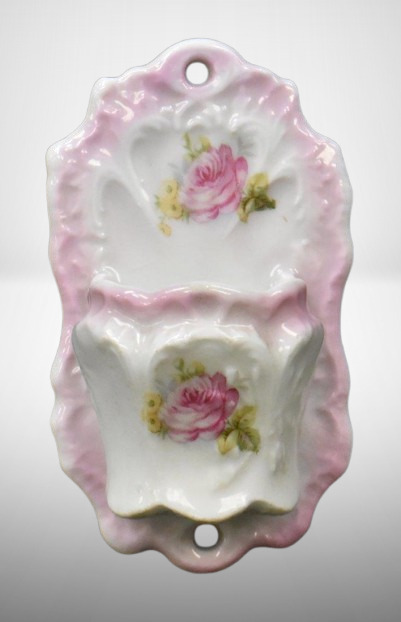 Handpainted porcelain wall hanging match holder w/ striker, pink roses