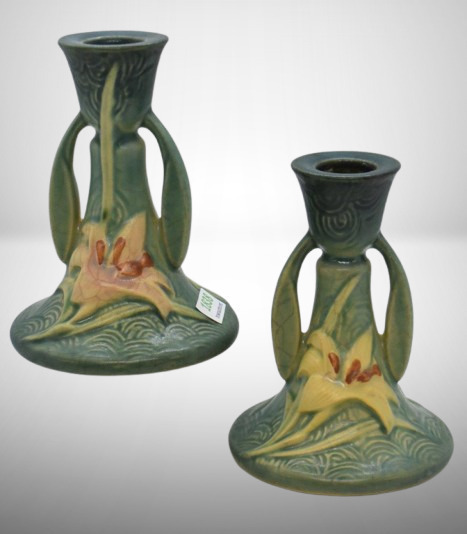 Pair of Roseville Zephyr Lily 1163-4.5" candle sticks, green