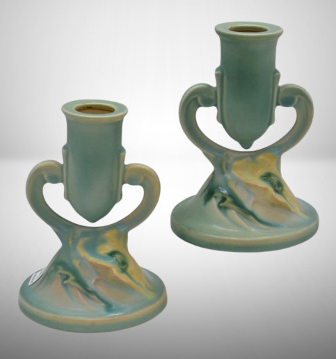 Pair of Roseville Poppy 1130 candle sticks, green