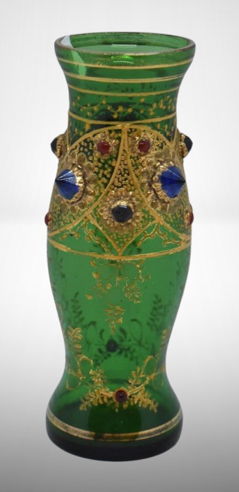 Moser Bohemian Czech green 5" vase w/ gold enameling and jewels