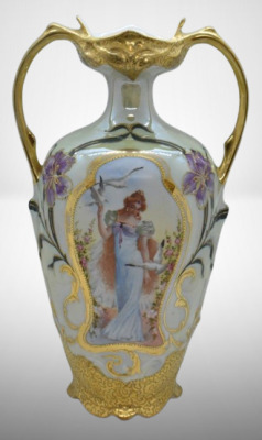 E.S. Germany/Prov Saxe "Lady with Doves" 11" vase