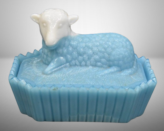 Westmoreland Glass blue lamb on picket fence base