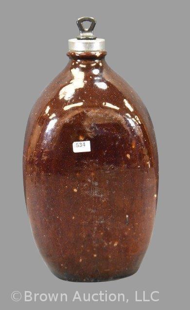 Brown stoneware pottery 12" 3-sided hot water bottle/ jug with stopper