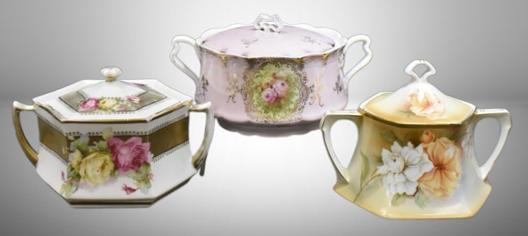 (3) Handpainted porcelain biscuit/ cracker jars, all floral designs