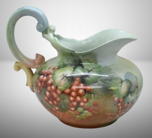 Mrkd. Limoges/ France 8" cider pitcher, HP grapes and leaves