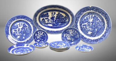 (13) Flow Blue pcs., mostly plates and 1-oval bowl