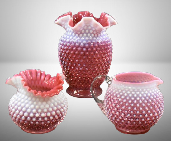 (3) Fenton cranberry opalescent Hobnail pcs: 5" and 8" vases; 5" pitcher