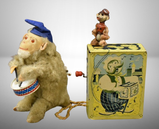 (2) Vintage Toys: Organ Grinder Ted Duncan tin-litho; Wind-up monkey with drums