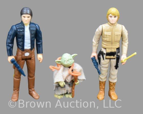 (3) Vintage Kenner Star Wars 1980 action figures: Han Solo (Bespin), Luke Skywalker (Bespin) and Yoda