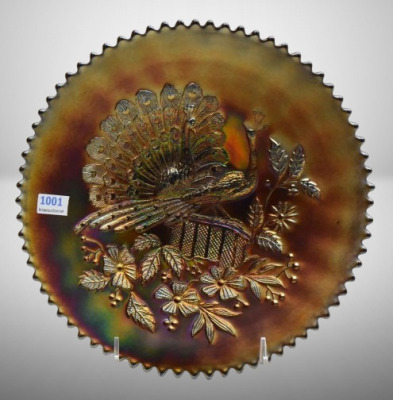 Carnival Glass Peacocks on the Fence 9"d plate, amy. - 2