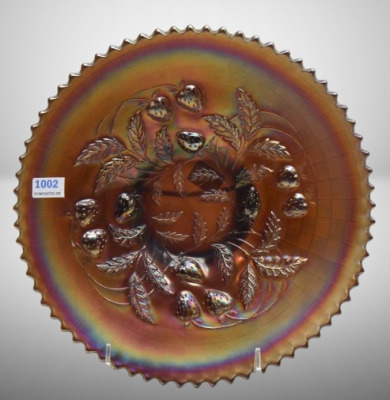 Carnival Glass Strawberry/ Basketweave (Northwood) 9"d plate, amy. - 2