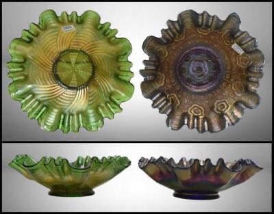 (2) Fenton Carnival Glass 8.5"d bowls: green Ribbon Tie; cobalt Captive Rose
