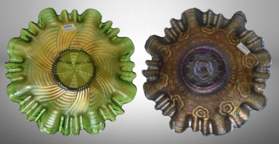 (2) Fenton Carnival Glass 8.5"d bowls: green Ribbon Tie; cobalt Captive Rose - 2