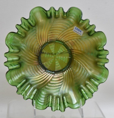 (2) Fenton Carnival Glass 8.5"d bowls: green Ribbon Tie; cobalt Captive Rose - 9