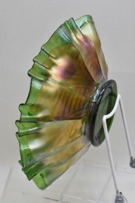(2) Fenton Carnival Glass 8.5"d bowls: green Ribbon Tie; cobalt Captive Rose - 10