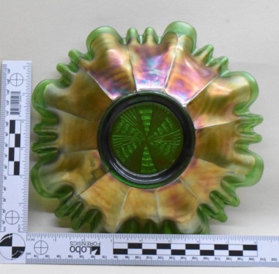 (2) Fenton Carnival Glass 8.5"d bowls: green Ribbon Tie; cobalt Captive Rose - 11