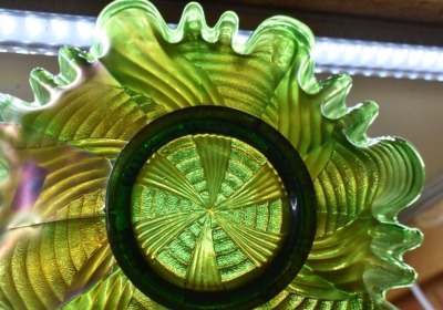 (2) Fenton Carnival Glass 8.5"d bowls: green Ribbon Tie; cobalt Captive Rose - 12