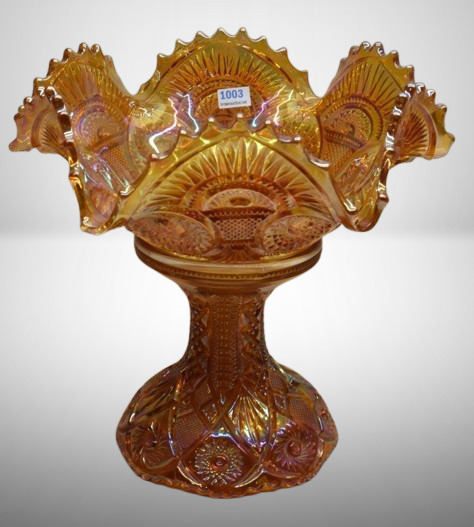 Carnival Glass Twins (Imperial) 9.5"h fruit bowl w/ stand, marigold