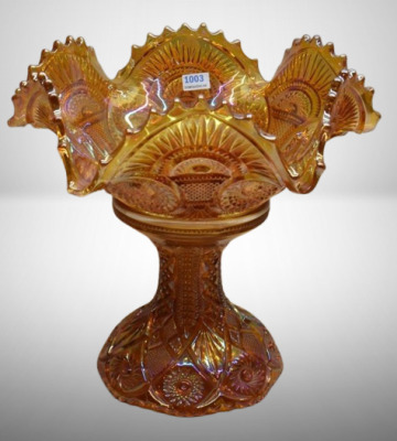 Carnival Glass Twins (Imperial) 9.5"h fruit bowl w/ stand, marigold