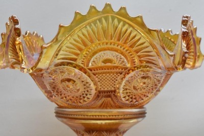 Carnival Glass Twins (Imperial) 9.5"h fruit bowl w/ stand, marigold - 3