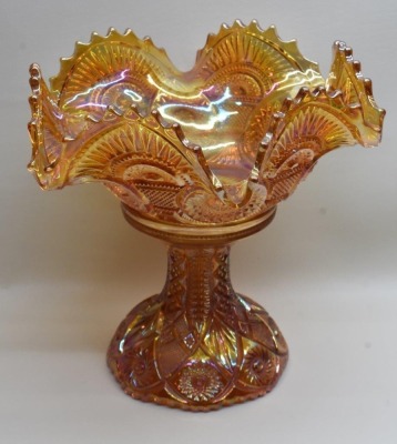 Carnival Glass Twins (Imperial) 9.5"h fruit bowl w/ stand, marigold - 4
