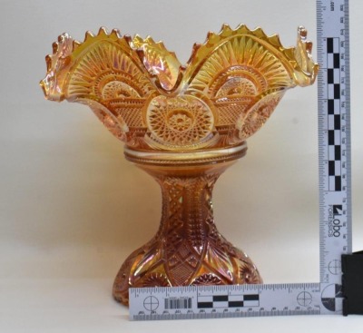 Carnival Glass Twins (Imperial) 9.5"h fruit bowl w/ stand, marigold - 5