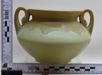 Roseville Carnelian I 357-5" vase, green w/ mustard drip - 3