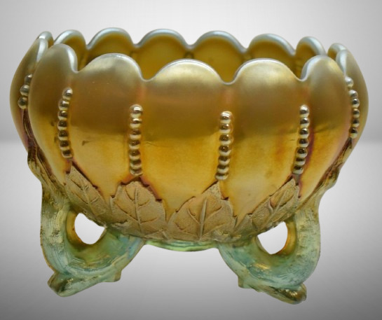 Carnival Glass Leaf and Beads (Northwood) 3.5"h rose bowl, aqua opal.