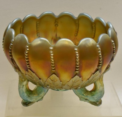Carnival Glass Leaf and Beads (Northwood) 3.5"h rose bowl, aqua opal. - 2